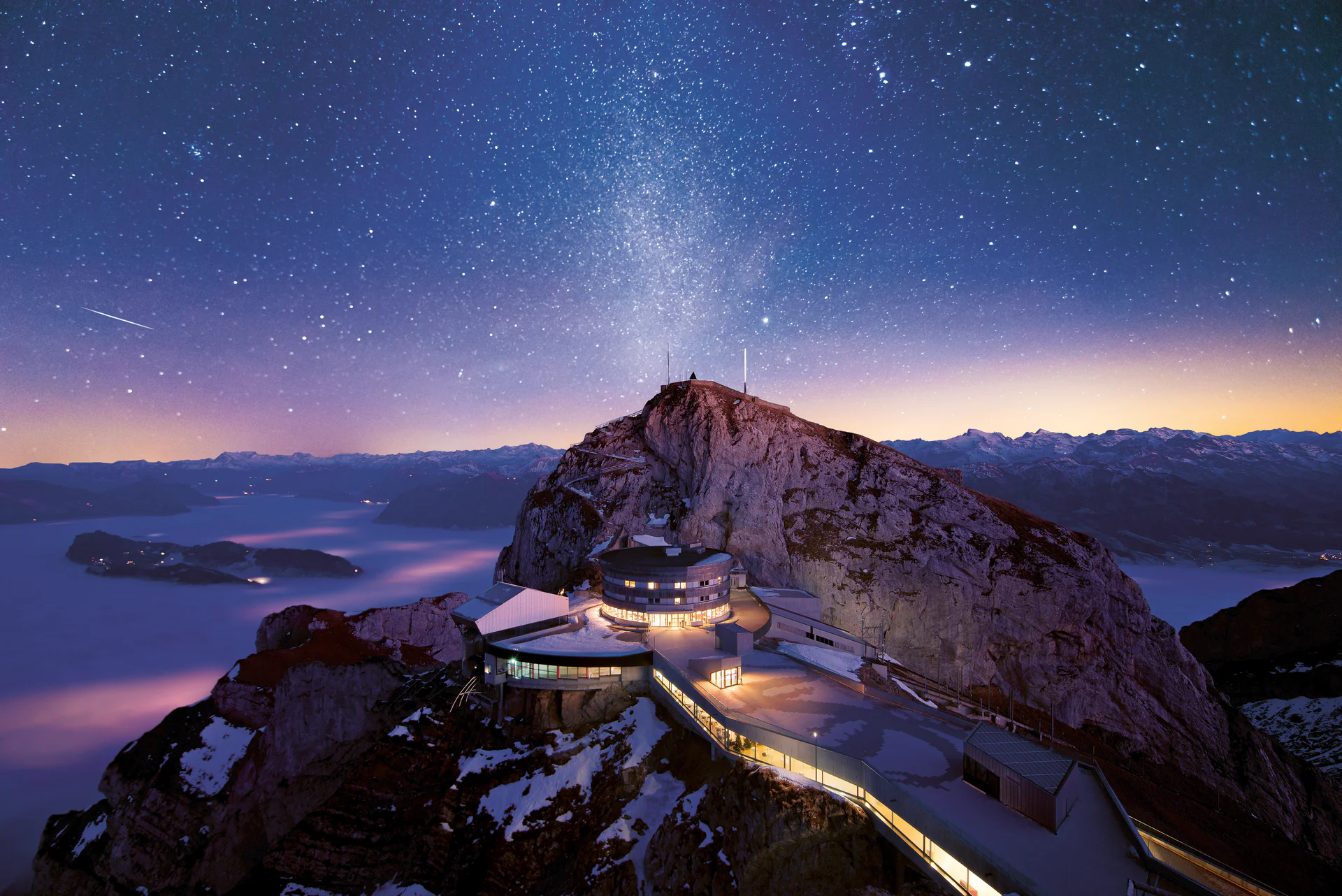 Hotel Bellevue – Milky Way Night Hotel Bellevue on Mount Pilatus under the Milky Way at night, Switzerland