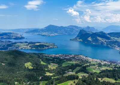 Drone panorama of Lake Lucerne surrounded by the mountains of Central Switzerland.