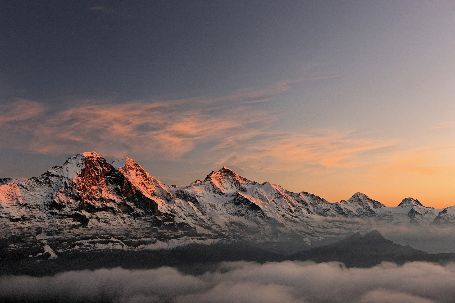 Eiger, Mönch und Jungfrau Eiger, Mönch and Jungfrau in evening light with a snow-covered alpine landscape