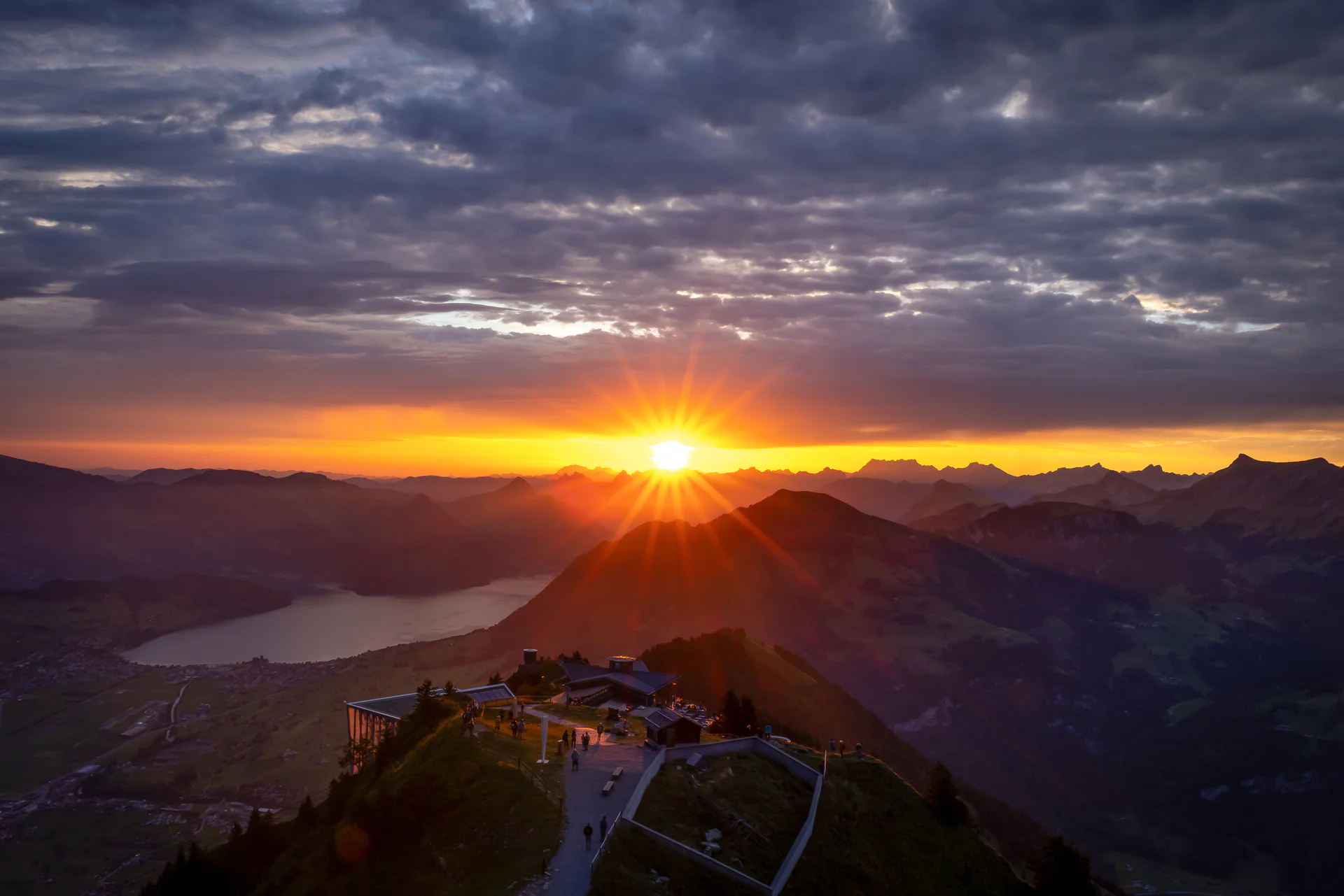 Stanserhorn Sunrise Panorama Stanserhorn sunrise over the Swiss Alps and Lake Lucerne