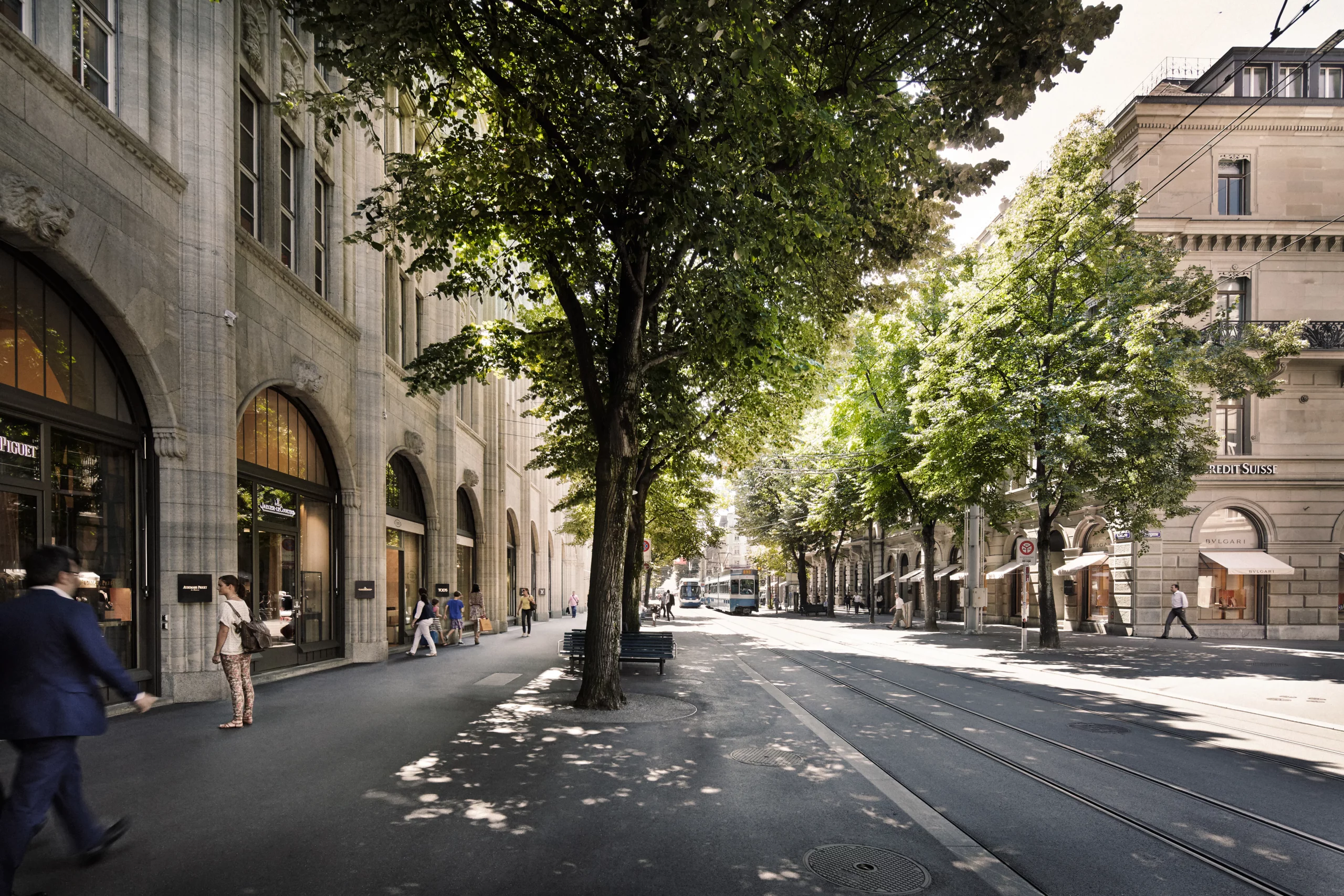 Bahnhofstrasse in Zurich lined with trees and historic buildings