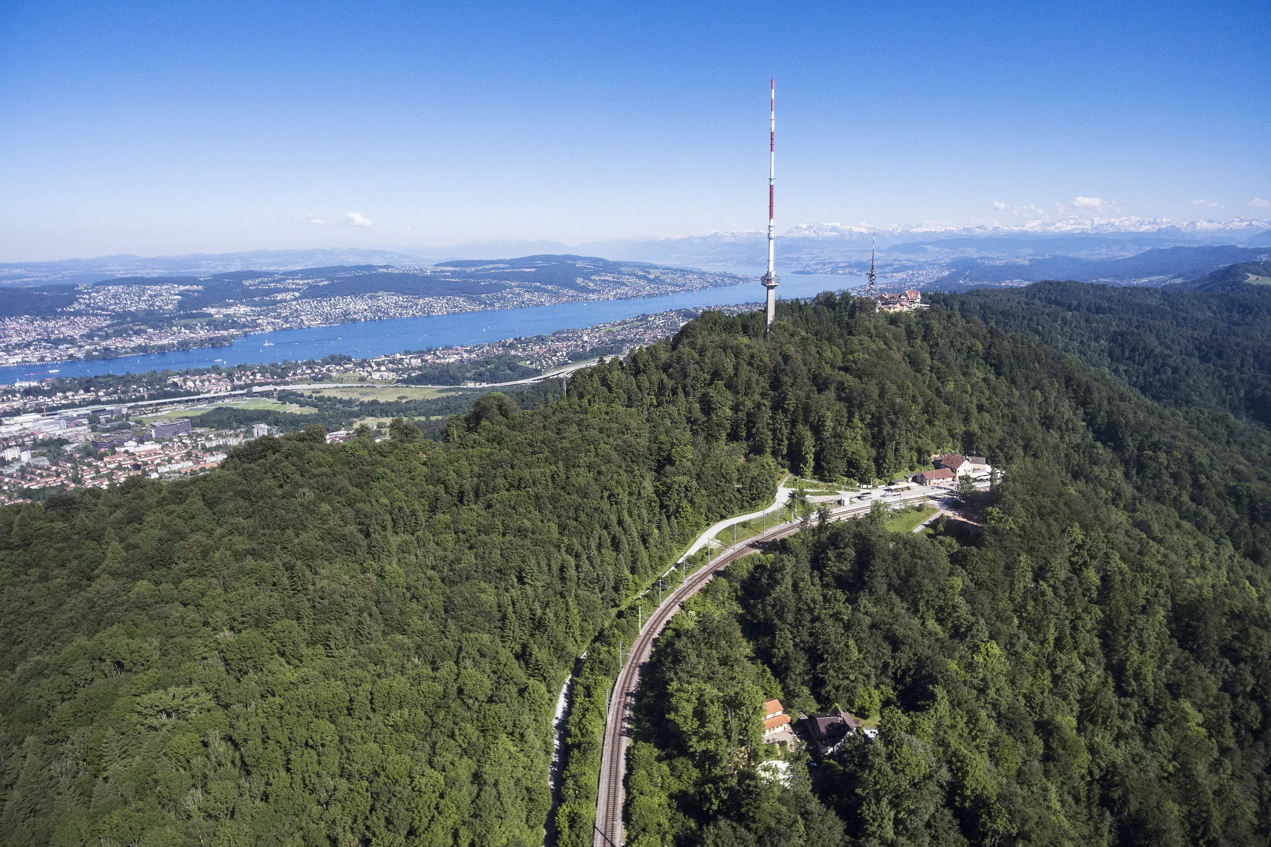 Aerial view of Uetliberg near Zurich with forested hills and panoramic views