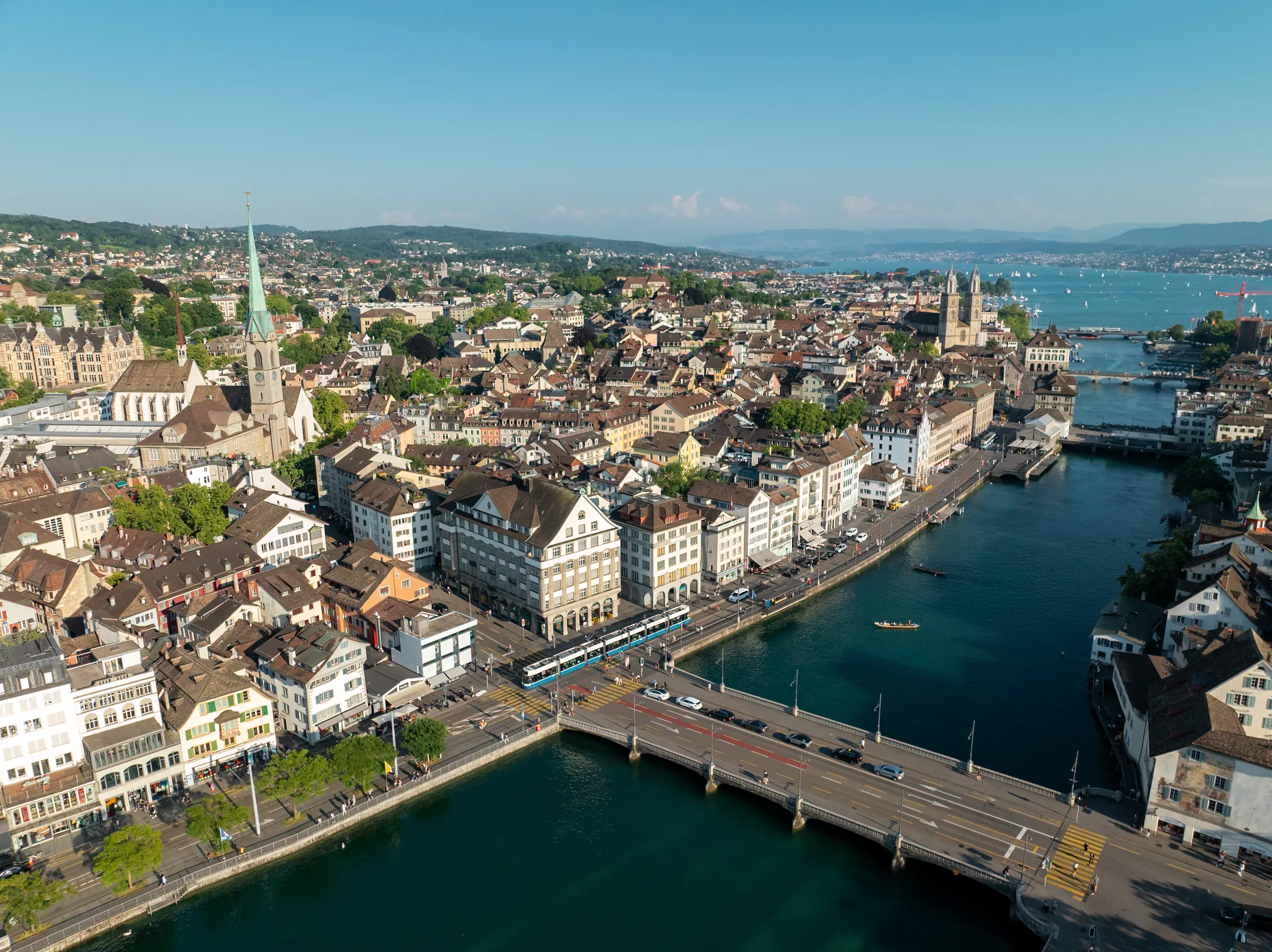 Aerial view of Zurich with the city, Limmat River and Lake Zurich